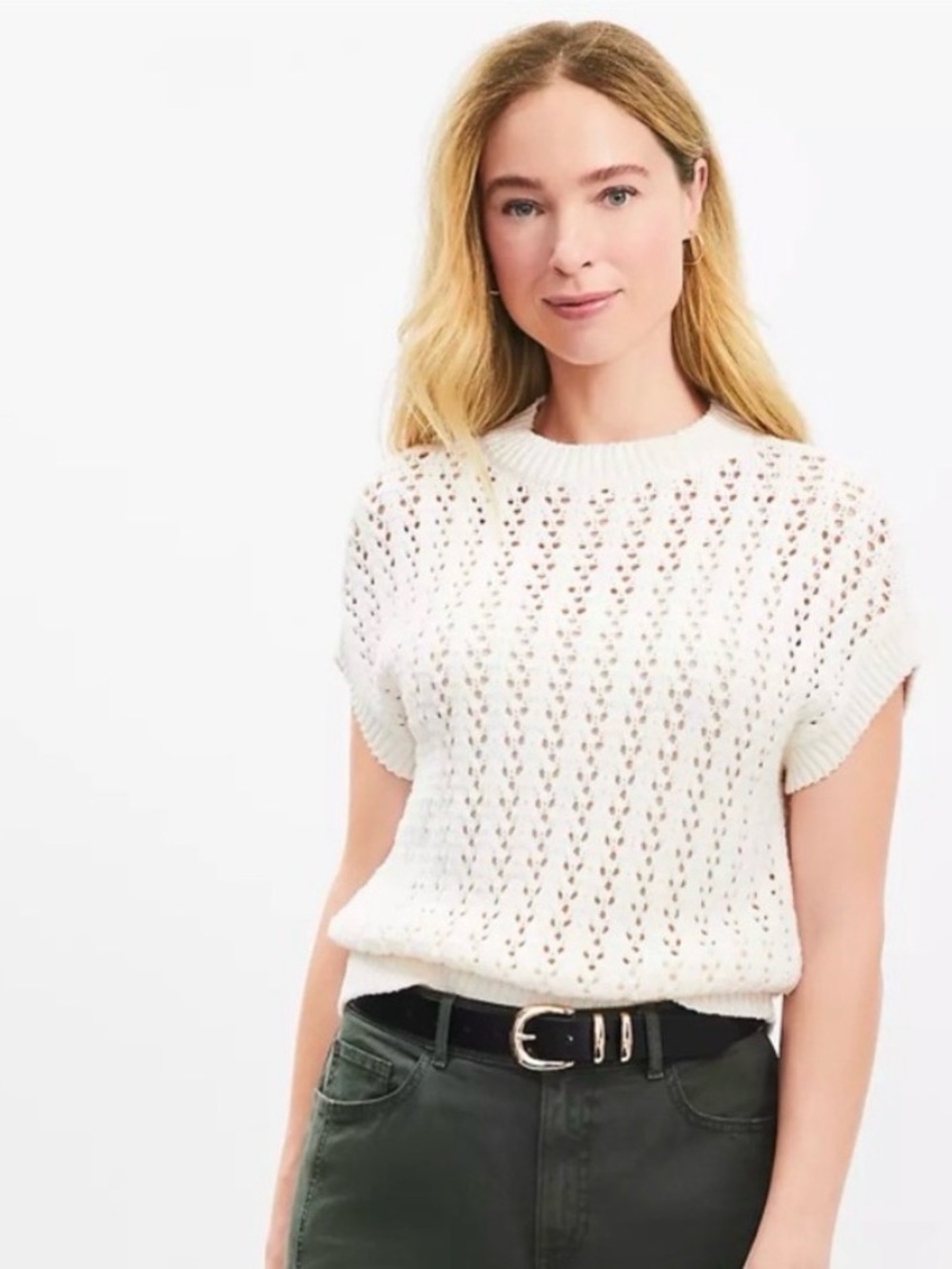 LOFT Cream/Ivory Open-Knit Short Sleeve Sweater size Small